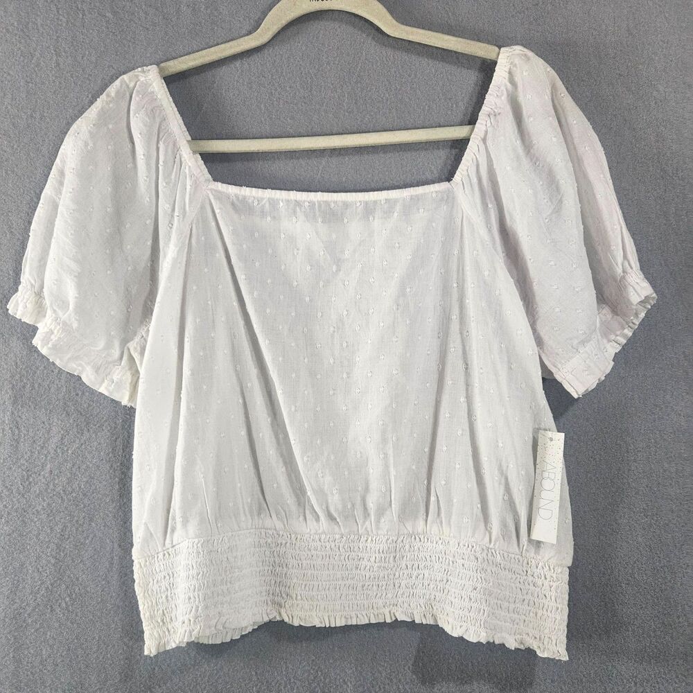 New ABOUND L Cotton Cottage Pesant Top Baloon Sleeves Rouched White Swiss Dot